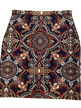 J. McLaughlin Reversible Navy, Red and Gold Medallion Pencil Skirt
